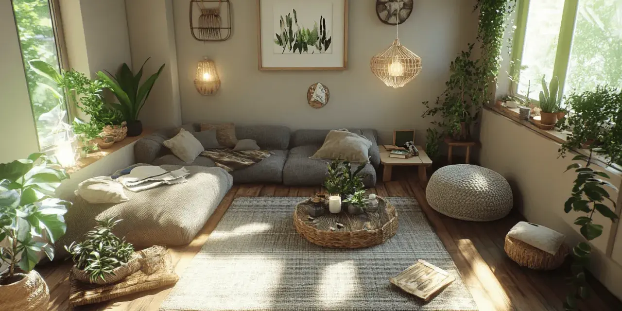 Gemütliches Wohnzimmer mit vielen Pflanzen und Möbeln aus nachhaltigen Materialien, wie Rattan und Leinen.