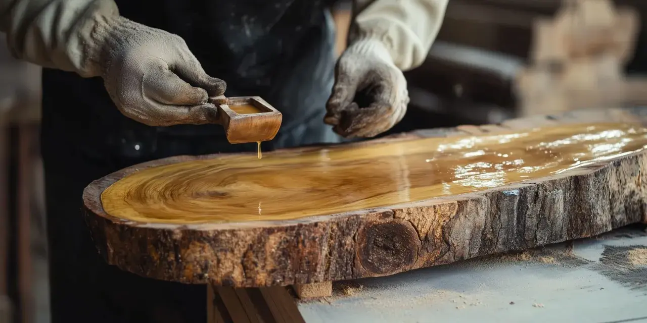Hände mit Handschuhen tragen goldenes Öl auf einen rustikalen Baumscheiben-Tisch auf, um das Holz zu lasieren und seine natürliche Schönheit hervorzuheben.