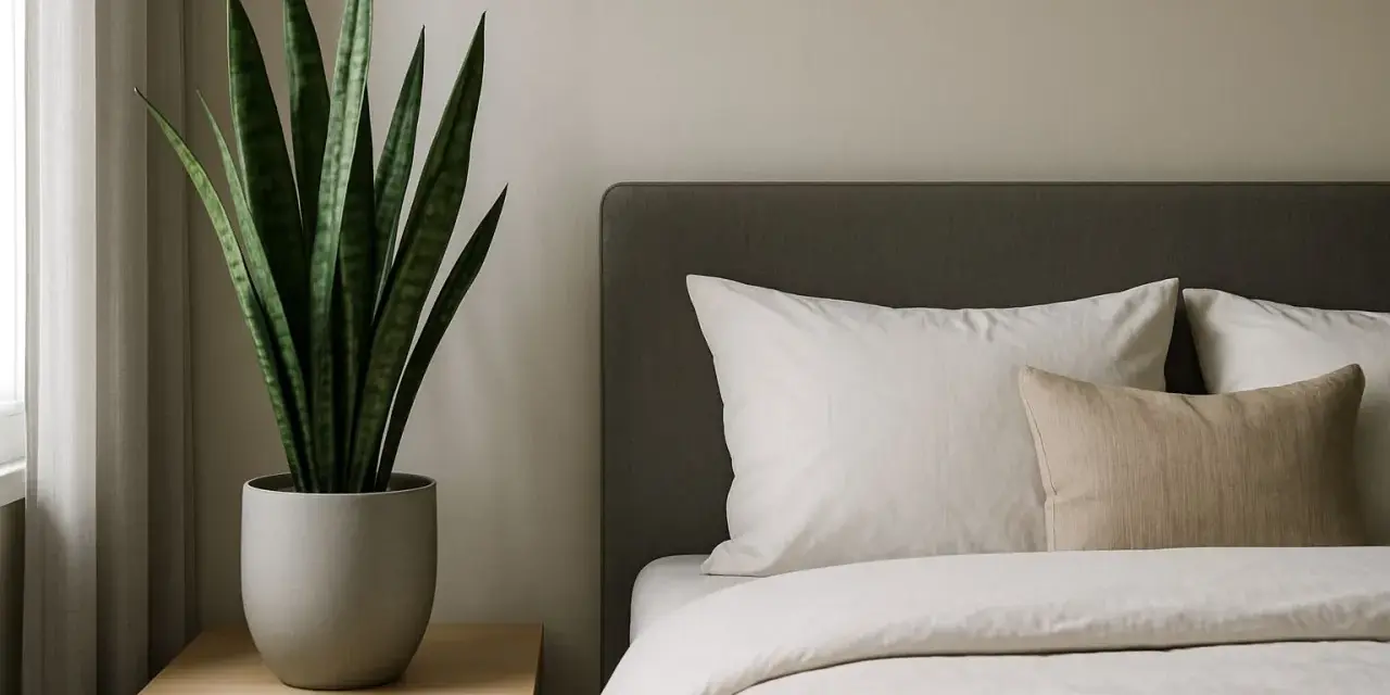 Ein Bogenhanf auf einem Nachttisch neben einem Bett mit weißen Kissen und Bettwäsche. Ein ruhiger Bogenhanf-Schlafzimmer-Akzent.