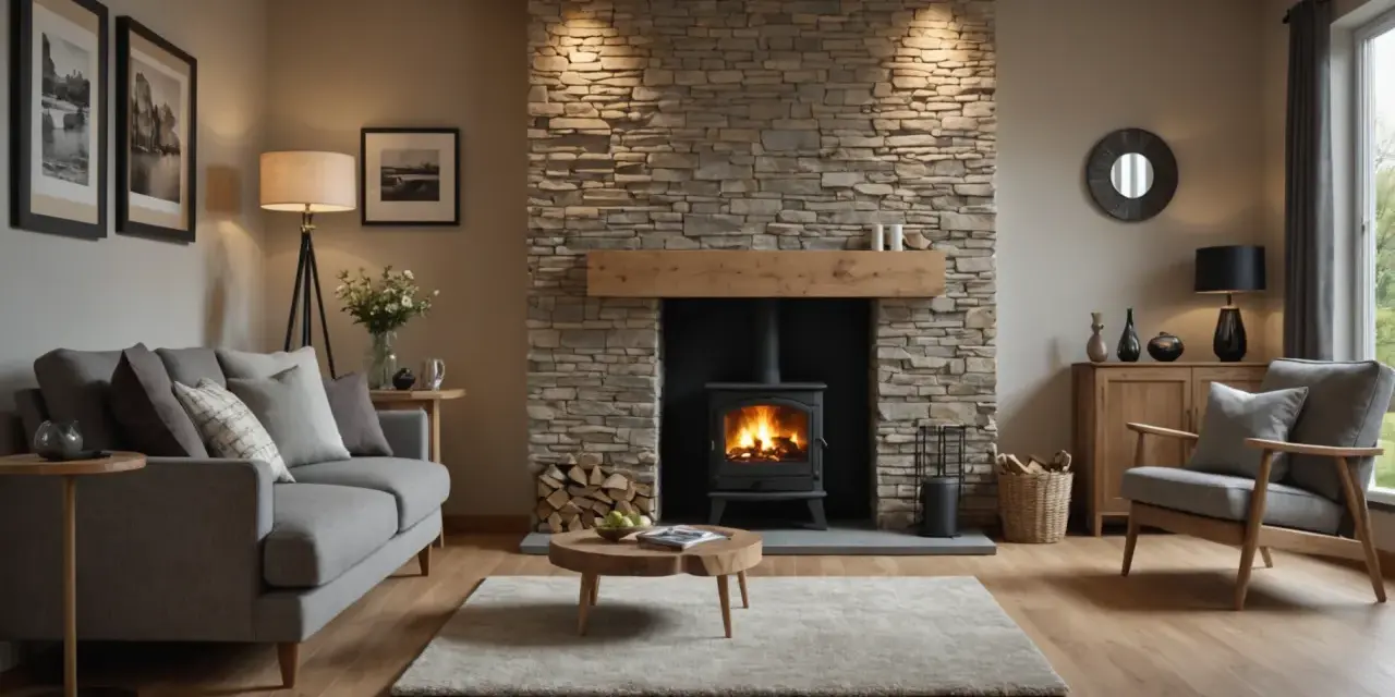 Gemütliches Wohnzimmer mit brennendem Kaminofen und feuerfester Wandverkleidung aus Naturstein. Ein Sofa und ein Sessel laden zum Entspannen ein.