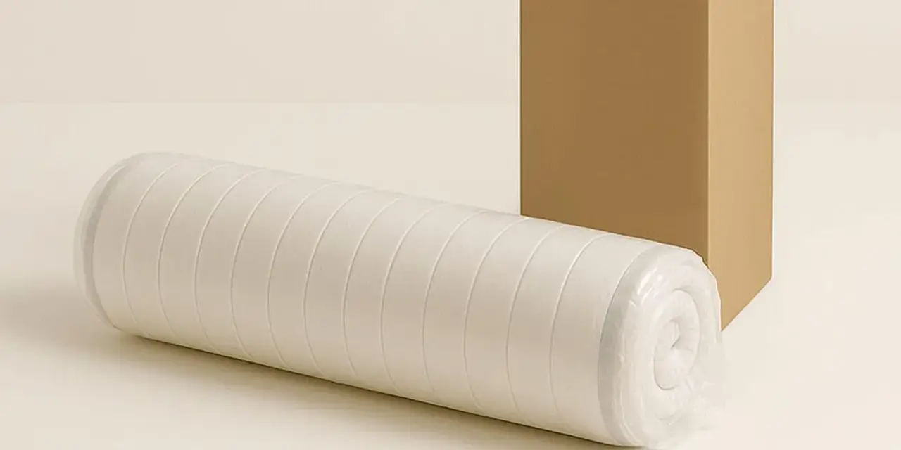 Gerollt und verpackt: So werden Matratzen geliefert. Eine aufgerollte Matratze liegt neben einem Karton.