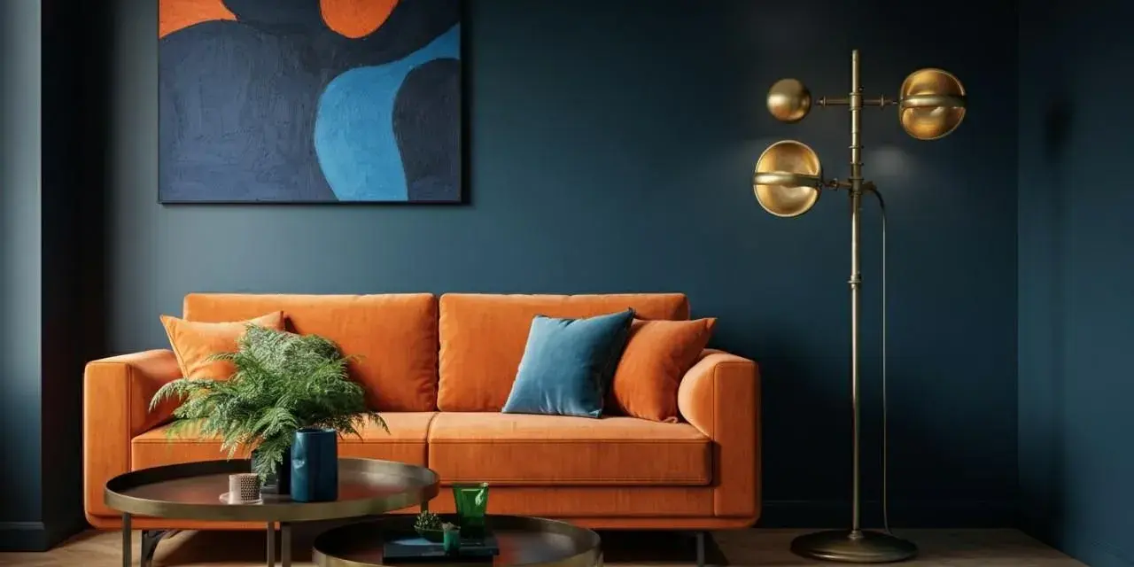 Ein orangefarbenes Sofa mit blauen Akzenten und einem abstrakten Gemälde zeigt, welche Farben passen zusammen.