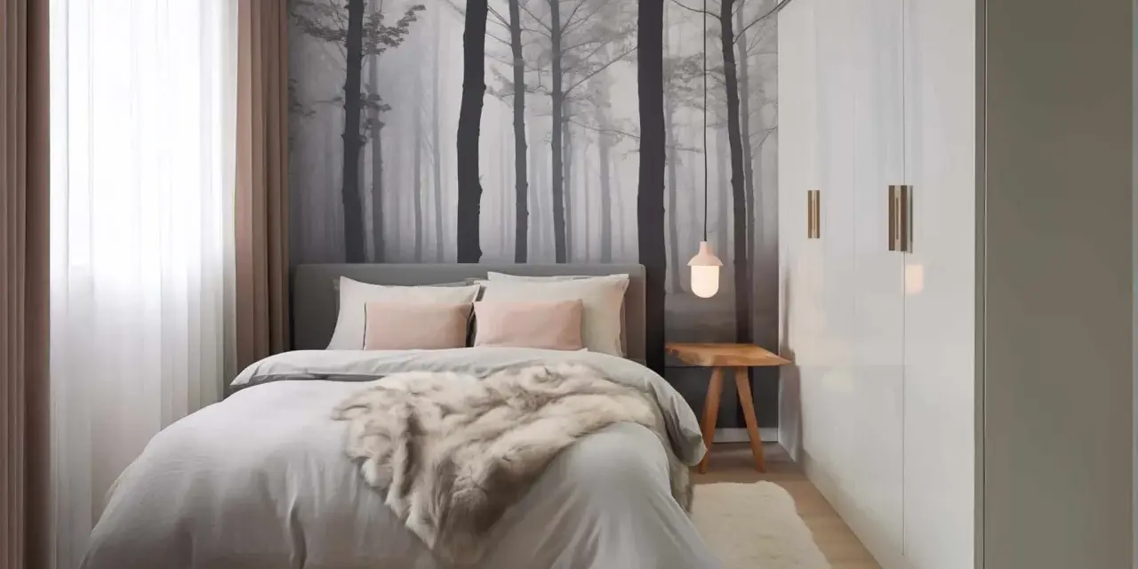 Gemütliches kleine schlafzimmer einrichten mit Waldtapete, Bett mit Fell und Kleiderschrank.