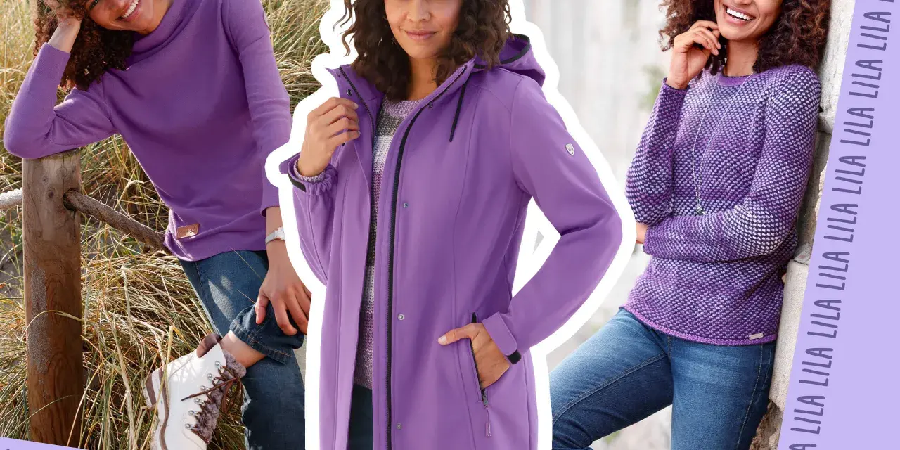 Drei Frauen in verschiedenen lila Outfits. Jeans und weiße Stiefel passen gut zu lila.