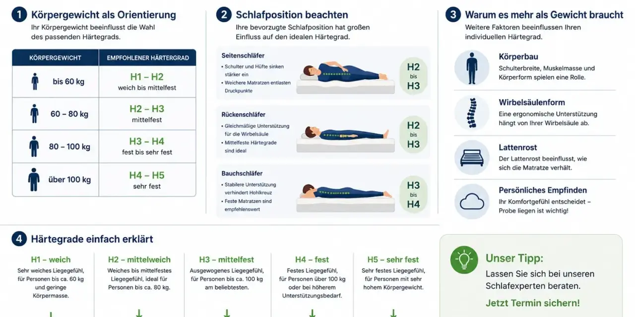 Infografik erklärt, wie Sie den richtigen Härtegrad Ihrer Matratze testen. Gewicht & Schlafposition sind wichtig.
