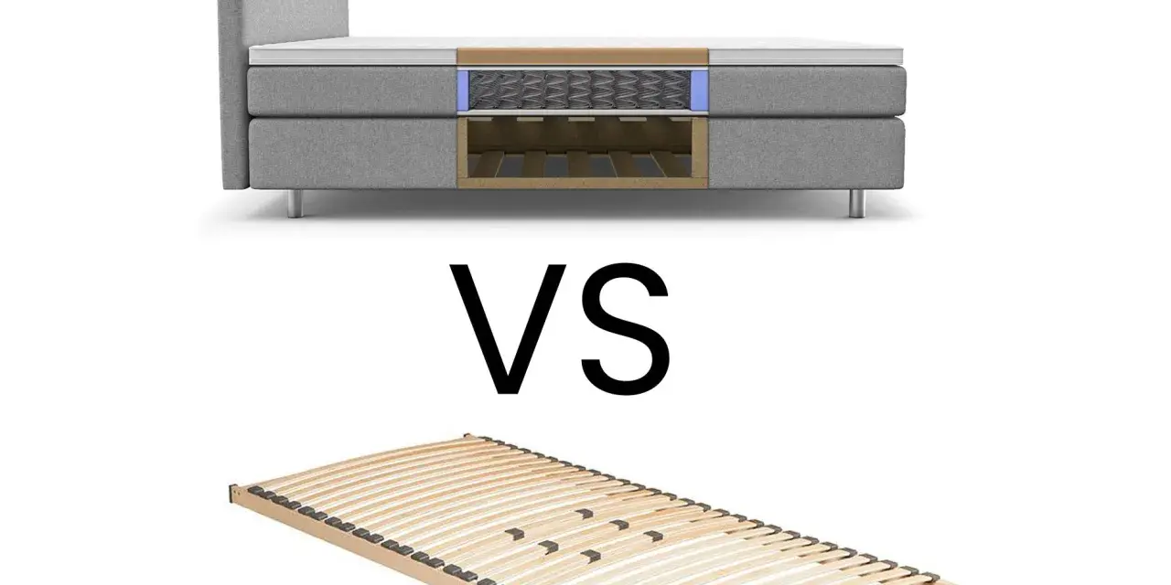 Vergleich: Ein durchgeschnittener Boxspringbett mit Federkern und ein Lattenrost aus Holz.