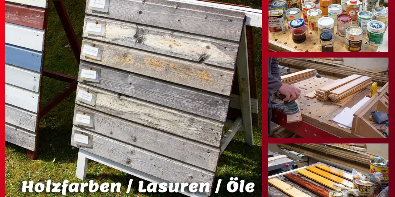 Holzfarben, Lasuren und Öle im Praxistest. Verschiedene Holzproben zeigen die Wirkung von Lasur oder Farbe.