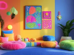 Ein lebendiges Kinderzimmer, in dem sich die **Farben mischen**: orange, pink, gelb, blau und grün dominieren. Bunte Kissen und Spielzeug laden zum Spielen ein.