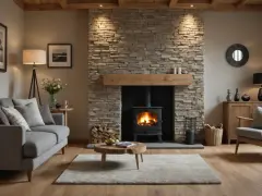 Gemütliches Wohnzimmer mit brennendem Kaminofen und feuerfester Wandverkleidung aus Naturstein. Ein Sofa und ein Sessel laden zum Entspannen ein.