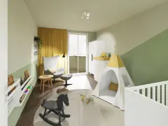 Ein gemütliches Kinderzimmer mit Spielzelt, Schaukelpferd und Bücherregalen. Die Wände sind zweifarbig gestrichen, was tolle kinderzimmer streichen motive ergibt.