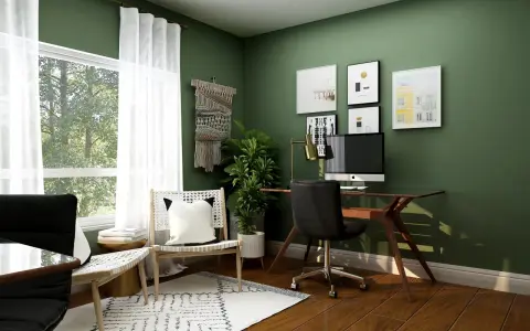 Grünes Arbeitszimmer mit Schreibtisch, bequemen Stühlen und Fenster. Tolle Inspirationen für dein Arbeitszimmer einrichten.