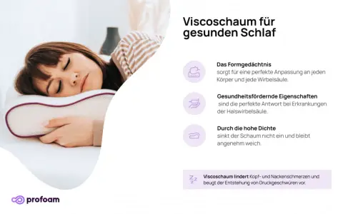 Frau schläft auf einem Kissen aus Viscoschaum, das sich perfekt anpasst und Nackenschmerzen lindert.