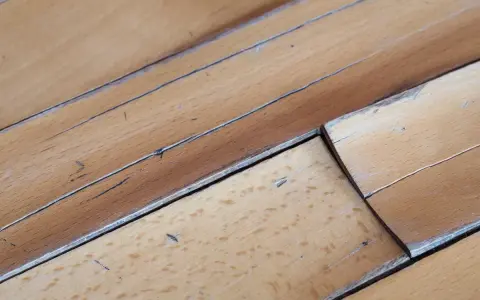 Wasserflecken auf Holzboden, die das helle Holz verfärben und die Maserung hervorheben.