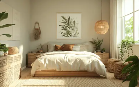 Gemütliches Schlafzimmer mit heller wandfarbe, Naturmaterialien und Pflanzen. Ein bequemes Bett lädt zum Entspannen ein.