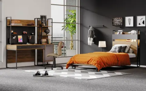 Coole jugendzimmer jungen einrichtungsideen: Ein modernes Zimmer mit Schreibtisch, Bett und Regal. Perfekt für junge Entdecker!
