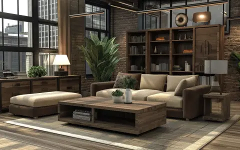 Gemütliches Wohnzimmer mit Möbeln aus dunklem Holz, einem Sofa, einem Couchtisch und einem Bücherregal.
