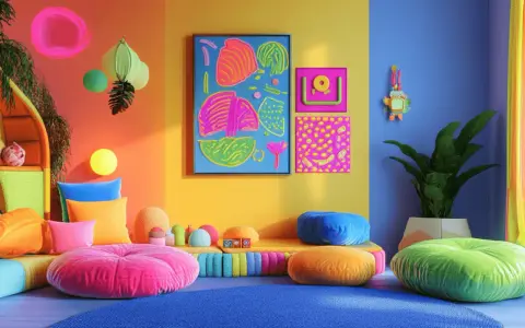 Ein lebendiges Kinderzimmer, in dem sich die **Farben mischen**: orange, pink, gelb, blau und grün dominieren. Bunte Kissen und Spielzeug laden zum Spielen ein.