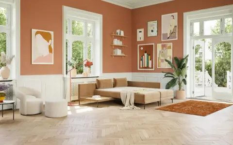 Ein Wohnzimmer mit orangefarbenen Wänden und einem beigen Sofa. Welche Farbe passt zu Orange? Hier: Beige, Weiß und Grün.