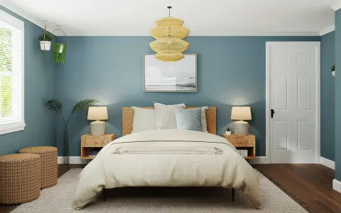 Gemütliches Schlafzimmer mit blauen Wänden, Holzbett und einem großen Fenster. Perfekt, um das Schlafzimmer zu renovieren und eine entspannende Oase zu schaffen.