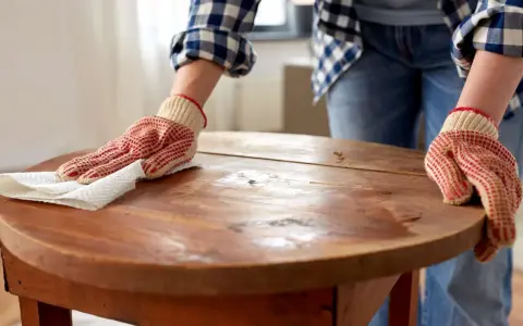 Person mit Handschuhen poliert einen alten Holztisch. Die Pflege des Holztisches ist wichtig, damit er lange schön bleibt.