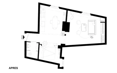 Grundriss einer 30 qm Wohnung mit offener Küche, Essbereich, Wohnzimmer, Bad und Eingang.