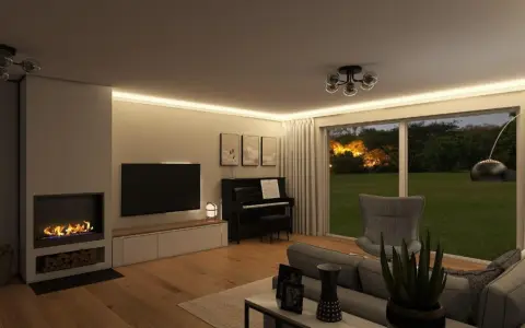 Gemütliches Wohnzimmer mit Kamin, Klavier und Sofa. Die Wände sind in der Farbe beige gestrichen, was für eine warme Atmosphäre sorgt.
