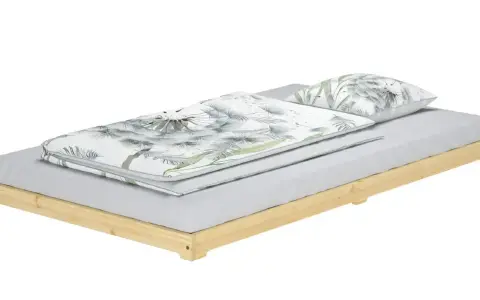 Ein Futonbett mit Holzbettrahmen und Bettwäsche mit Pusteblumenmuster.