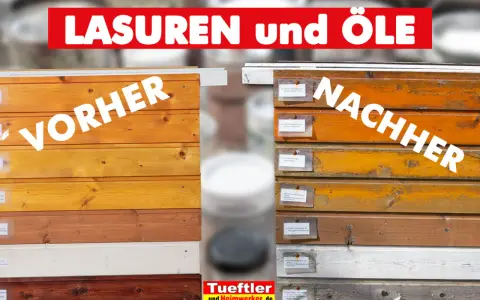 Holzlasur schützt und verschönert Holz. Vorher-Nachher-Vergleich zeigt verschiedene Holzlasur-Farben und deren Wirkung auf Holzoberflächen.