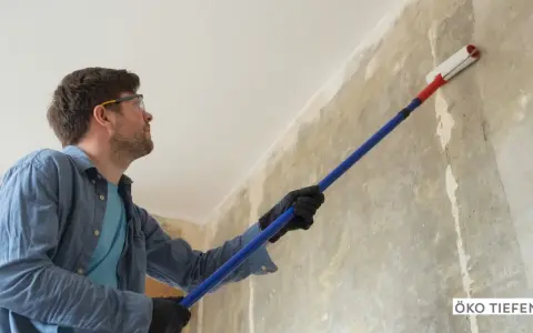Mann mit Schutzbrille und Handschuhen trägt mit einer Teleskopstange eine Grundierung auf eine Wand auf.