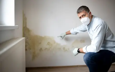 Mann mit Maske und Handschuhen zeigt auf schimmeligen Putz an einer Wand neben einem Heizkörper.