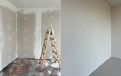 Vorher-Nachher-Vergleich: Rigips streichen. Links unfertige Wand mit Leiter, rechts frisch gestrichene, glatte Wand.