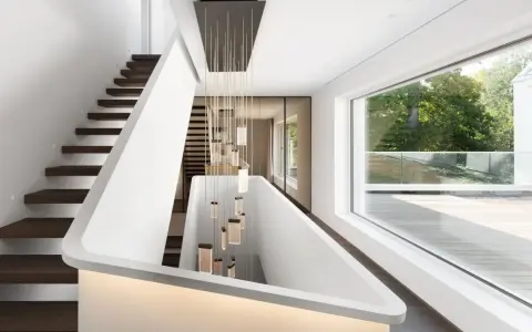 Modernes Treppenhaus gestalten: Schwebende Holzstufen, weiße Wände und eine Kaskade aus Glasleuchten schaffen ein elegantes Ambiente.