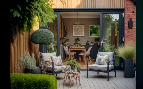 Moderne terrassen ideen: Gemütliche Sitzgelegenheiten auf einer Holzterrasse mit Blick auf einen Essbereich im Haus.