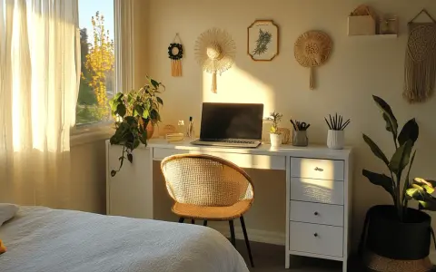 Ein gemütlicher Schreibtisch im Schlafzimmer, beleuchtet von warmem Sonnenlicht. Pflanzen und Boho-Deko schaffen eine entspannte Atmosphäre.