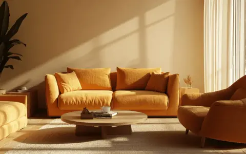 Gemütliches Wohnzimmer mit ockerfarbenen Möbeln. Sonnenlicht fällt durch das Fenster und wirft Schatten.