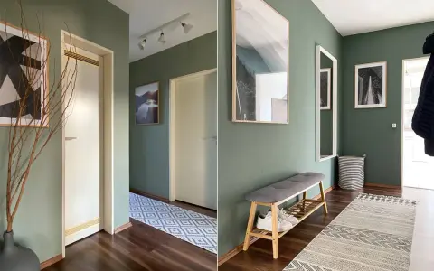 Grüne Wand im Flur mit moderner Kunst und Spiegel. Tolle Flur Wand Ideen für ein stilvolles Zuhause.