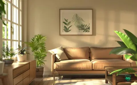 Sonnendurchflutetes Wohnzimmer mit beigem Sofa, Holzmöbeln und vielen grünen Pflanzen. Die Wirkung von Farben wie Beige und Grün schafft eine beruhigende Atmosphäre.