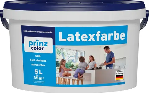Prinz Color Latexfarbe: weiß, hoch deckend, abwaschbar. Ideal für Familien, da die Farbe leicht zu reinigen ist.