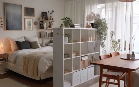 Gemütliche 1 Zimmer Wohnung einrichten 30qm: Bett, Regalwand, Esstisch und Pflanzen schaffen ein harmonisches Zuhause.