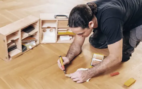 Mann repariert den Holzboden mit einem Reparaturstift und einer Farbkarte. Werkzeugkasten mit Zubehör daneben.