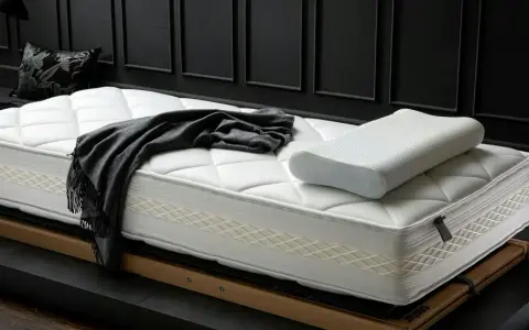 Eine neue, weiße Matratze mit Kissen und Decke liegt auf einem Holzrahmen. Zeit für einen Matratzenwechsel für erholsamen Schlaf.