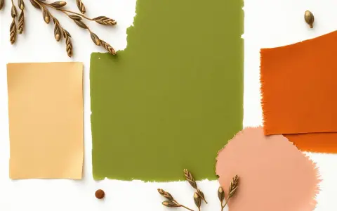 Ein großer olivgrüner Farbklecks, daneben ein hellgelbes Blatt, orangefarbener Stoff und Pfirsich. Was passt zu oliv? Getrocknete Gräser.