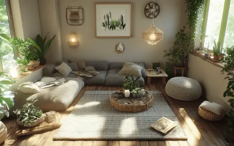 Gemütliches Wohnzimmer mit vielen Pflanzen und Möbeln aus nachhaltigen Materialien, wie Rattan und Leinen.