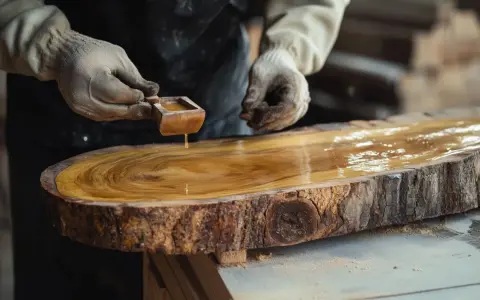Hände mit Handschuhen tragen goldenes Öl auf einen rustikalen Baumscheiben-Tisch auf, um das Holz zu lasieren und seine natürliche Schönheit hervorzuheben.