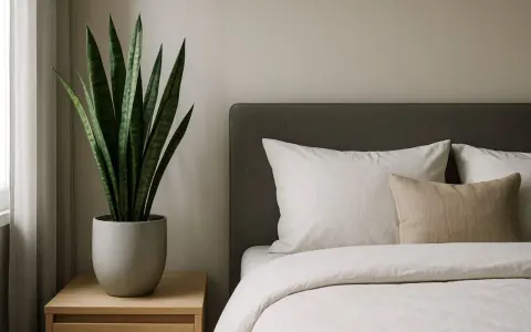 Ein Bogenhanf auf einem Nachttisch neben einem Bett mit weißen Kissen und Bettwäsche. Ein ruhiger Bogenhanf-Schlafzimmer-Akzent.