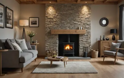 Gemütliches Wohnzimmer mit brennendem Kaminofen und feuerfester Wandverkleidung aus Naturstein. Ein Sofa und ein Sessel laden zum Entspannen ein.