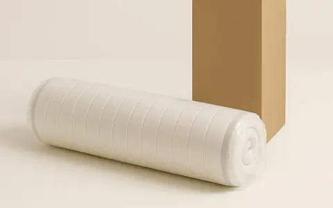 Gerollt und verpackt: So werden Matratzen geliefert. Eine aufgerollte Matratze liegt neben einem Karton.