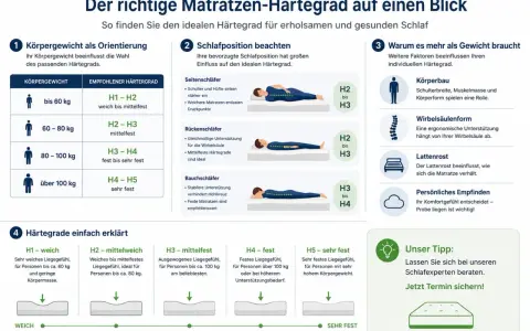 Infografik erklärt, wie Sie den richtigen Härtegrad Ihrer Matratze testen. Gewicht & Schlafposition sind wichtig.