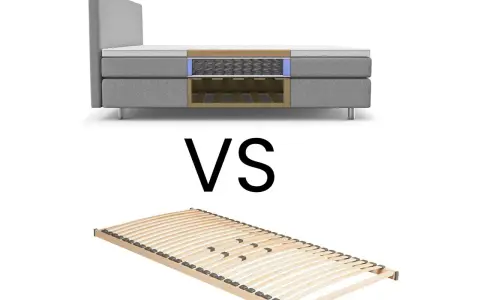 Vergleich: Ein durchgeschnittener Boxspringbett mit Federkern und ein Lattenrost aus Holz.