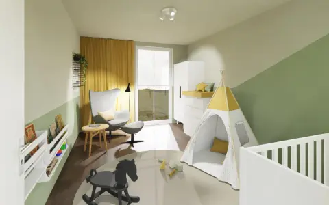 Ein gemütliches Kinderzimmer mit Spielzelt, Schaukelpferd und Bücherregalen. Die Wände sind zweifarbig gestrichen, was tolle kinderzimmer streichen motive ergibt.